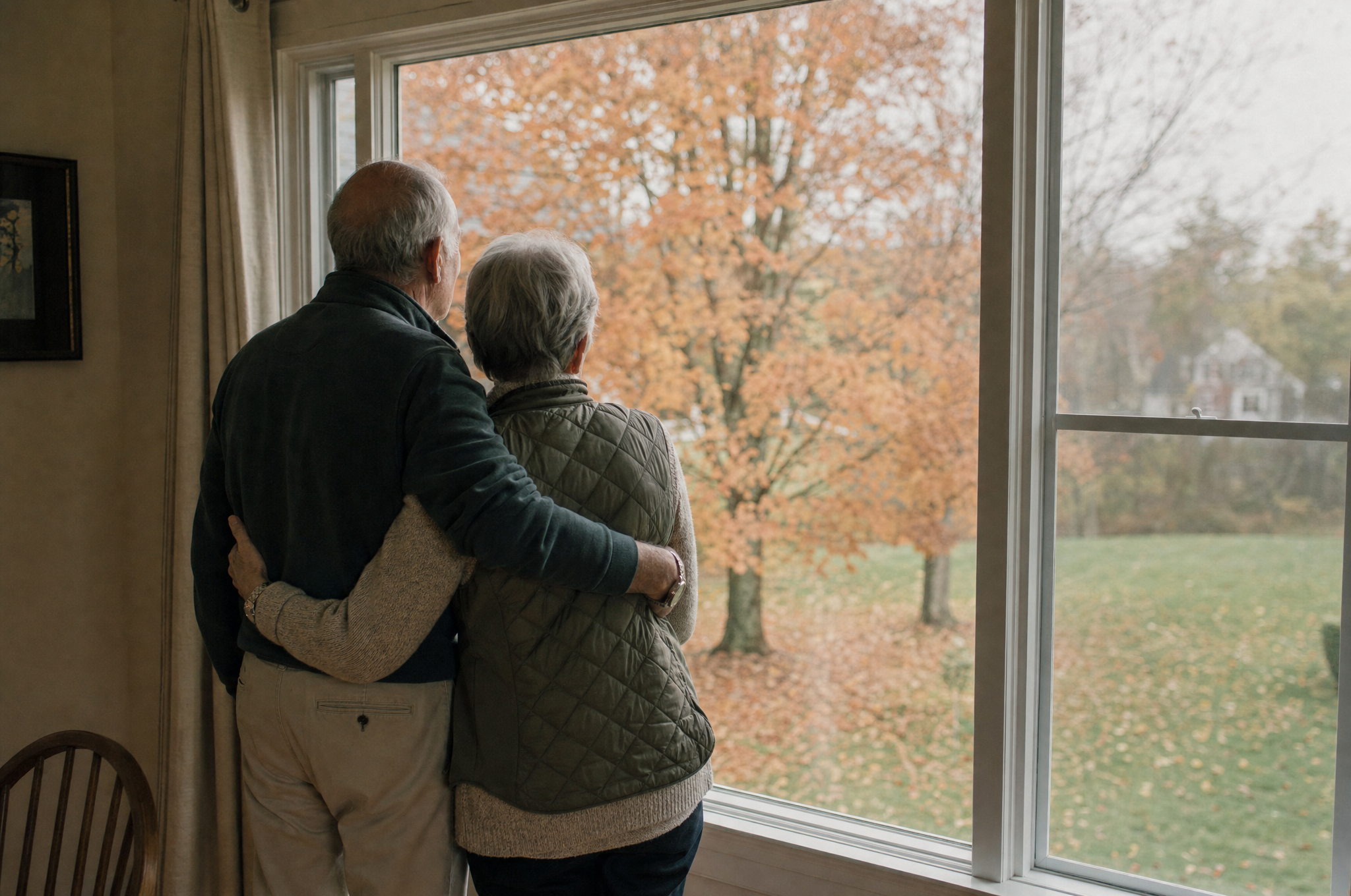 An older couple standing in the family home they have owned for years