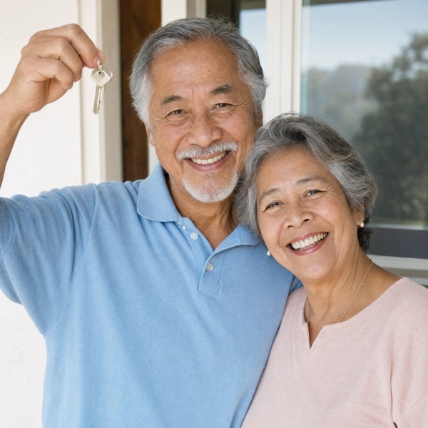 Relieved homeowners holding the keys after a cash sale